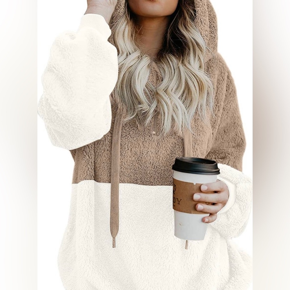LONGYUAN Womens LS Fuzzy Hoodie Warm 1/4 Zip Fleece Pullover Sweater W/Pockets